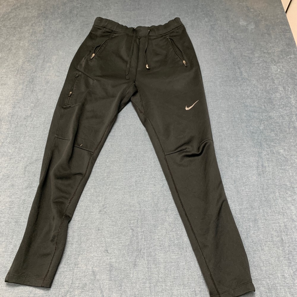 Nike Dri Fit Track Pants Mens S Black Swoosh Logo Drawstring Waist Tapered Leg